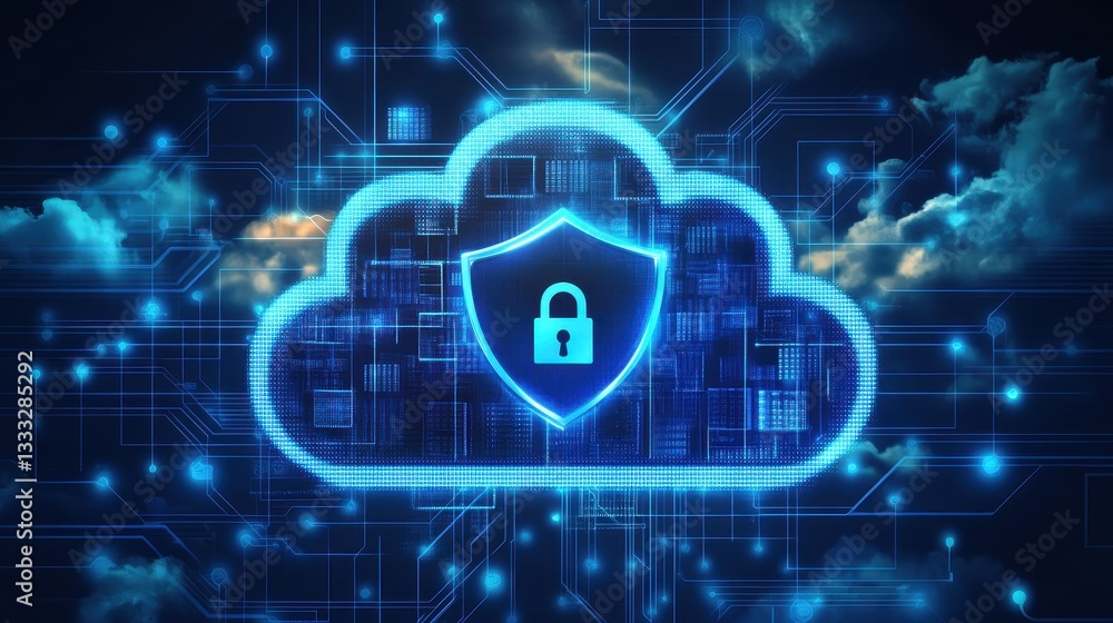 Digital Cloud Security Concept with Shield and Lock Icon Graphic Digital Cloud Security Concept with Shield and Lock Icon Graphic
