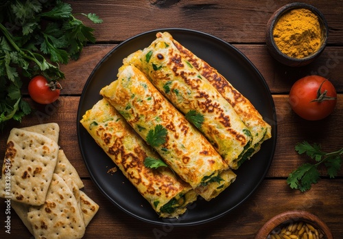 Delicious rolled flatbreads filled with fresh herbs, served on a rustic plate alongside spices and crackers, perfect for a savory meal or snack idea