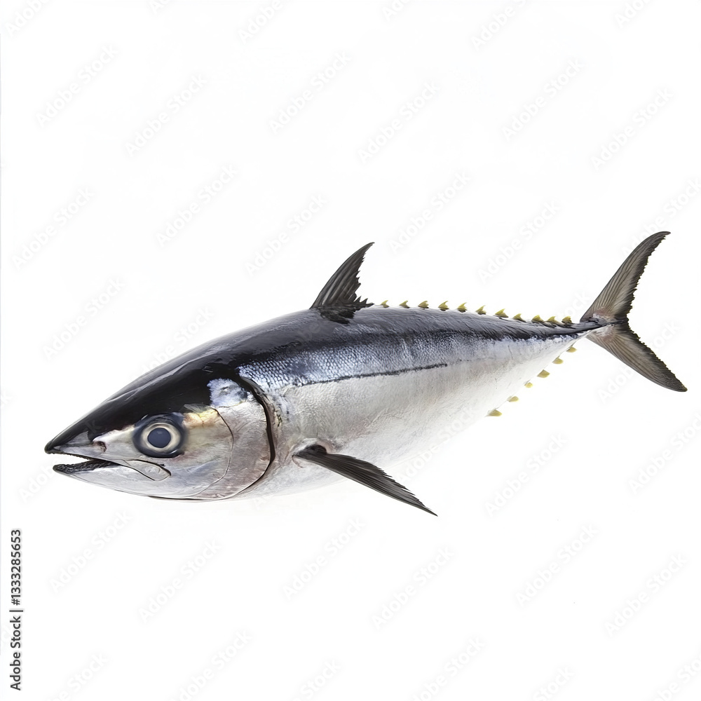 Tuna fish on white background, showcasing its sleek body Tuna fish on white background, showcasing its sleek body