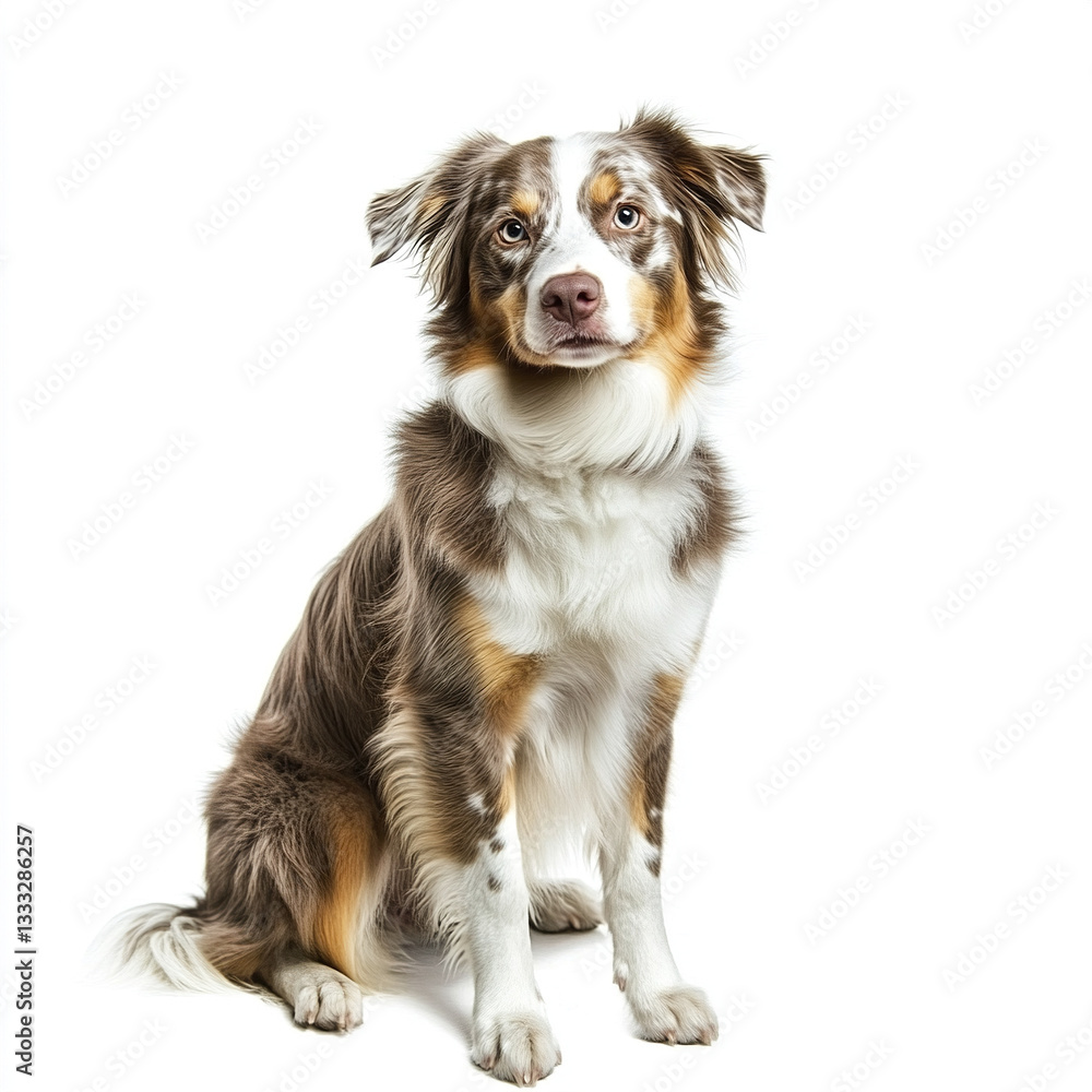 young Australian Shepherd with fluffy coat sits attentively young Australian Shepherd with fluffy coat sits attentively