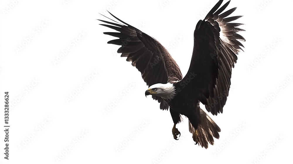 Bald eagle soaring with wings spread wide against white background Bald eagle soaring with wings spread wide against white background