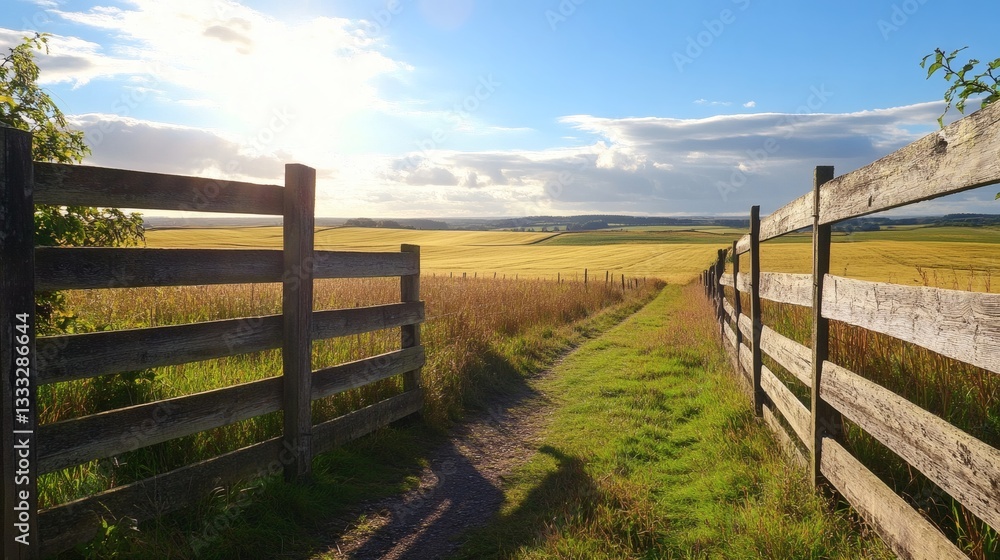 A wooden fence lines a path through sunny fields A wooden fence lines a path through sunny fields