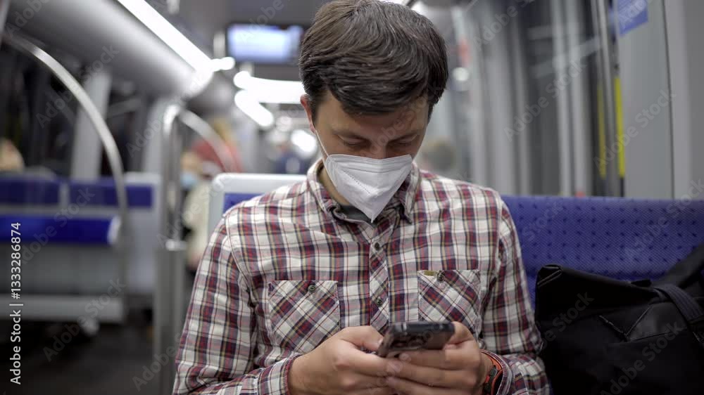 Masked man rides the subway in Munich and surfs Internet on his smartphone. Hygiene, Healthcare and infection concept. Passenger uses phone to search for coronavirus news while traveling on metro. Masked man rides the subway in Munich and surfs Internet on his smartphone. Hygiene, Healthcare and infection concept. Passenger uses phone to search for coronavirus news while traveling on metro.
