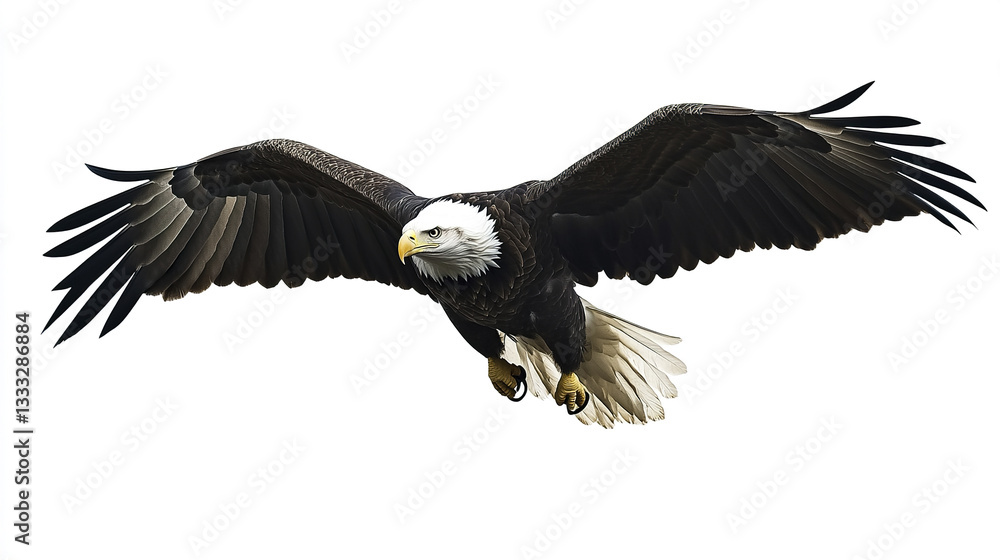 Obraz premium Bald eagle soaring with wings spread wide in flight