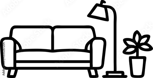 simple illustration of cozy living room setup featuring sofa, floor lamp, and potted plant