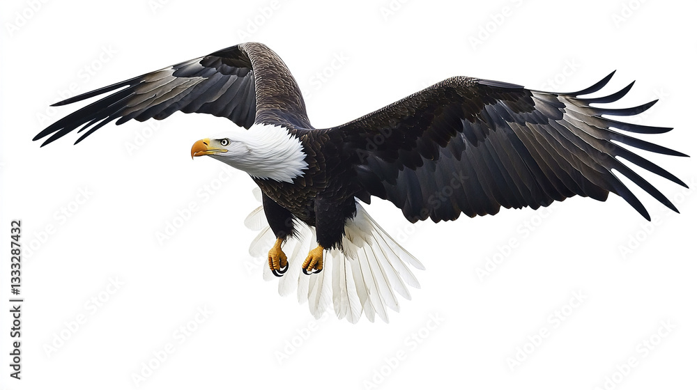 Fototapeta premium Bald eagle soaring with wings spread wide on white background