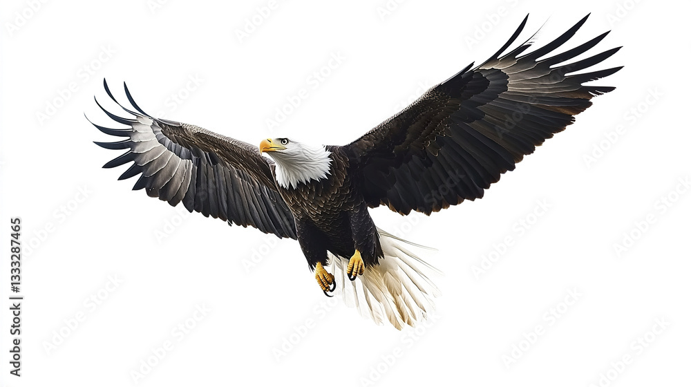 Fototapeta premium Bald eagle soaring with wings spread wide on white background