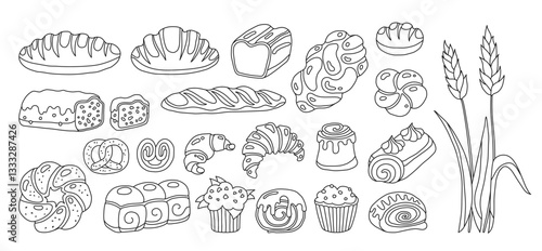 Bread and pastry bakery products doodle cartoon set. Outline loaf bun roll, muffin, French baguette and croissant, wheat rye bread. Menu bakery pastry contour linear collection vector illustration