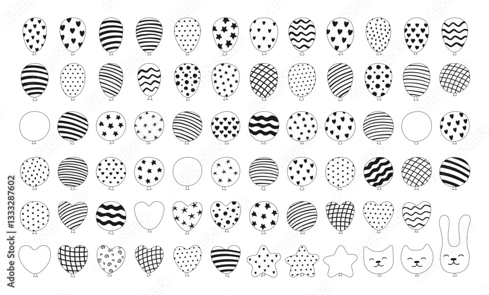 Patterned Balloons black white set illustration. Various shaped star, heart, round, cat and patterns striped, polka dots balloons. Design perfect for party. Birthday celebration vector art decorations Patterned Balloons black white set illustration. Various shaped star, heart, round, cat and patterns striped, polka dots balloons. Design perfect for party. Birthday celebration vector art decorations