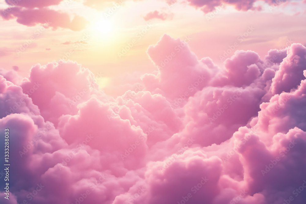 Beautiful pink and blue sky with white clouds, sun rays shining through the clouds Beautiful pink and blue sky with white clouds, sun rays shining through the clouds