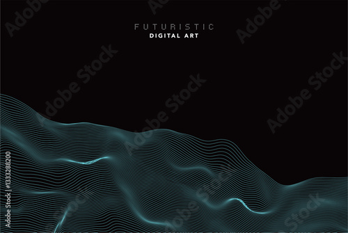 futuristic abstract digital cyan wave line art, dynamic 3d terrain mesh with particle grid, technology wireframe landscape, cyber data flow visualization for modern sci-fi background creative design