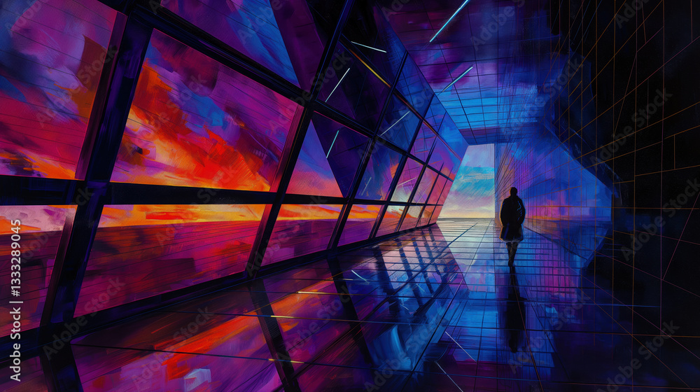 A lone figure walks down a high-tech hallway with neon-lit, abstract window panels reflecting a colorful digital sunset. A blend of sci-fi aesthetics and emotional storytelling.