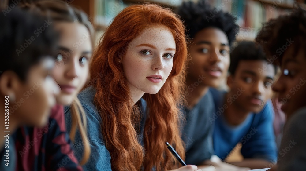A diverse group of students studying together in a library A diverse group of students studying together in a library
