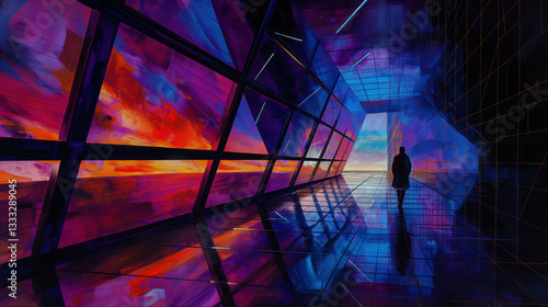 Obraz na płótnie A lone figure walks down a high-tech hallway with neon-lit, abstract window panels reflecting a colorful digital sunset. A blend of sci-fi aesthetics and emotional storytelling. w salonie