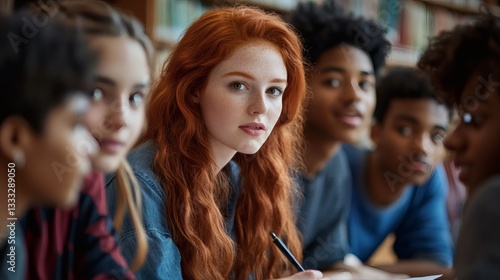 A diverse group of students studying together in a library