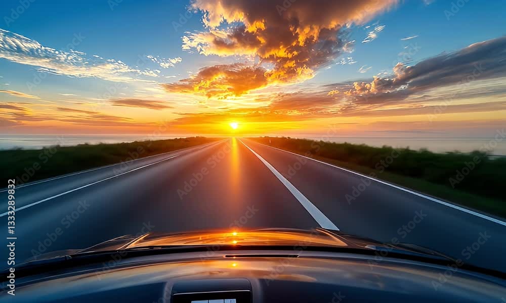 Sunrise Drive on Empty Highway Sunrise Drive on Empty Highway