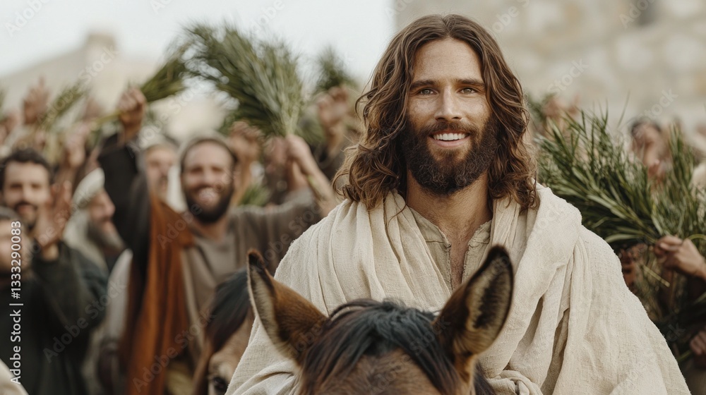 Obraz premium Divine procession: Palm Sunday, Jesus entry, Jerusalem streets, crowds rejoicing, palm branches raised, biblical moment, religious symbolism, sacred event, holy celebration, faith in action.
