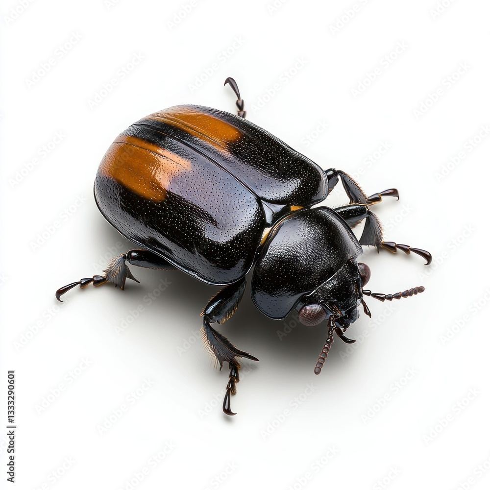 Fototapeta premium Close-up of a dung beetle rolling a ball, captured with clarity and precision, set against a white background for easy integration into designs This tiny yet powerful insect