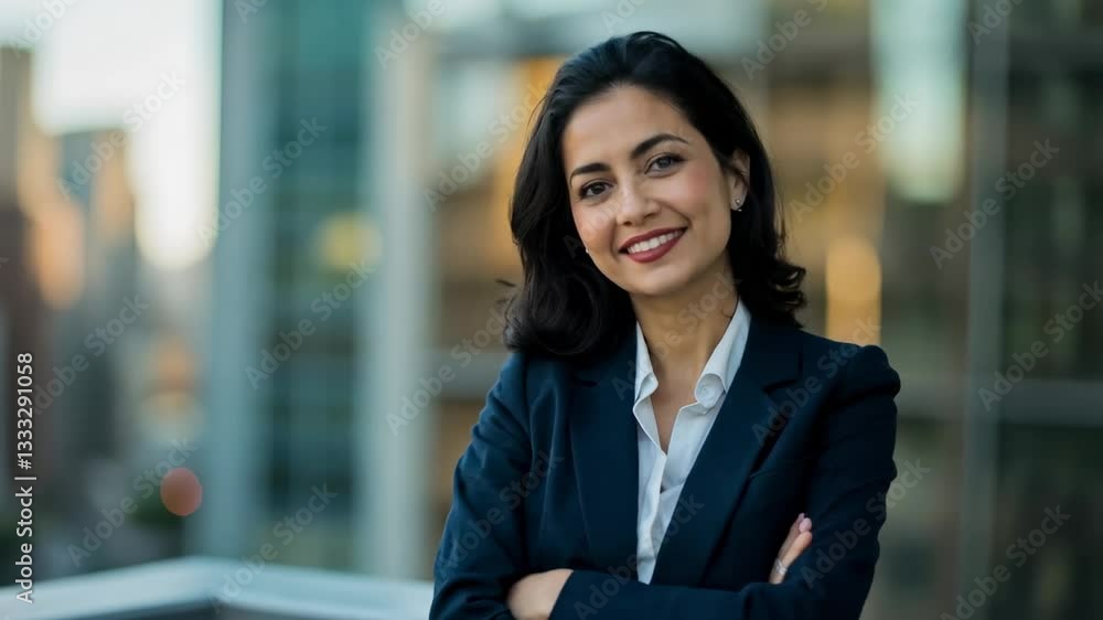 Confident businesswoman smiling with city skyline in the background during sunset in urban environment Confident businesswoman smiling with city skyline in the background during sunset in urban environment