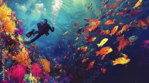 Underwater Scuba Diving Moment Colors School Vibrant
