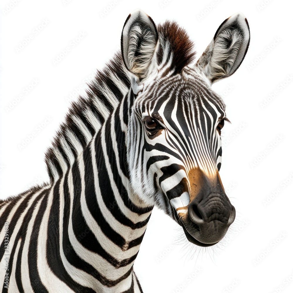 Naklejka premium Detailed Hyper-realistic image of a Grevys zebra on a pure white background, isolated, sharp details, professional studio lighting