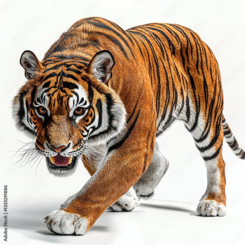 Obraz premium Detailed Hyper-realistic image of a majestic Bengal tiger on a pure white background, isolated, sharp details, professional studio lighting