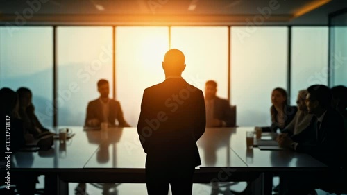 Business meeting participants collaborate at sunset in a modern office space with a panoramic view of the city skyline