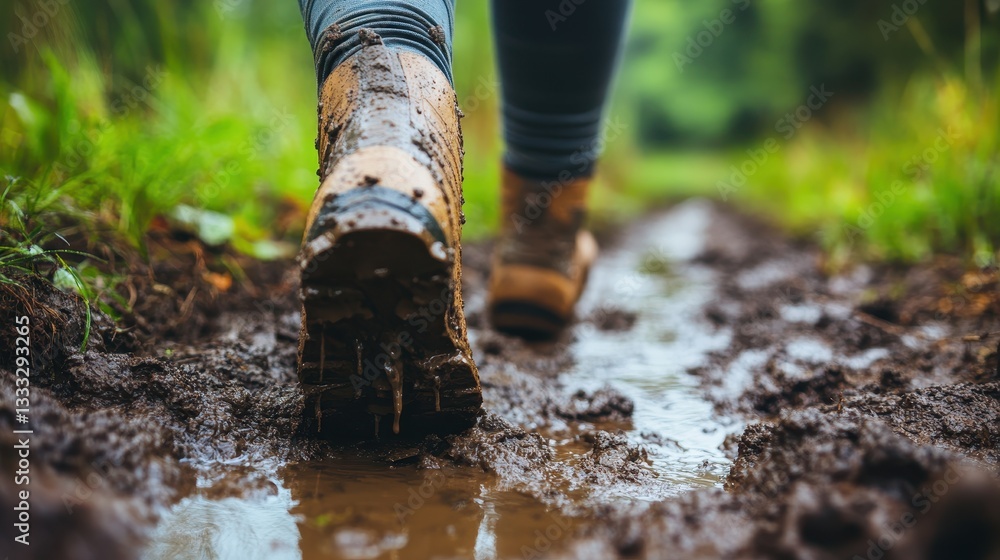 Muddy hiking boots stride on the trail in a forest. Useful for adventure, outdoors, or nature concepts. Muddy hiking boots stride on the trail in a forest. Useful for adventure, outdoors, or nature concepts.