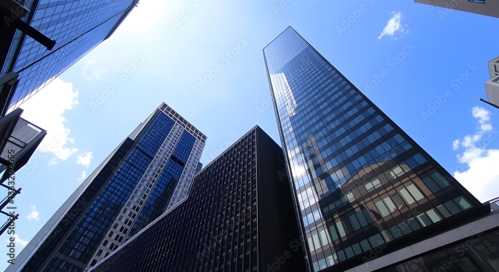 Skyscrapers at twilight ascend into the atmosphere.