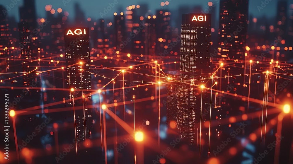 AGI Artificial general Intelligence Futuristic city with illuminated network design. AGI Artificial general Intelligence Futuristic city with illuminated network design.