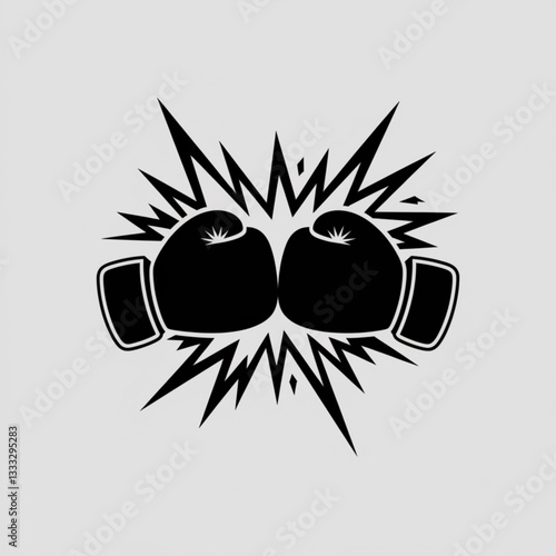 Black boxing gloves icon with explosive lines symbolizing impact competition martial arts or fighting sports concept