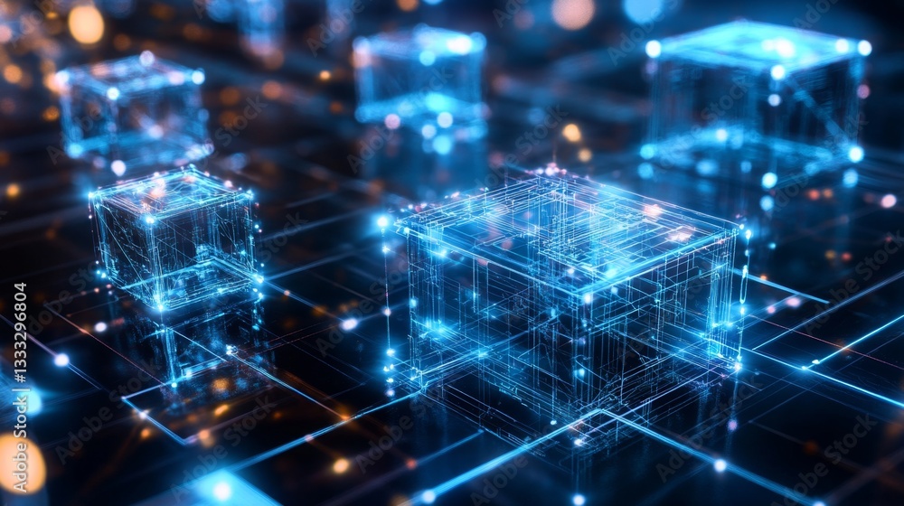 Exploring virtual cyberspace digital realm holographic cubes immersive environment 3d perspective gigapixel concept