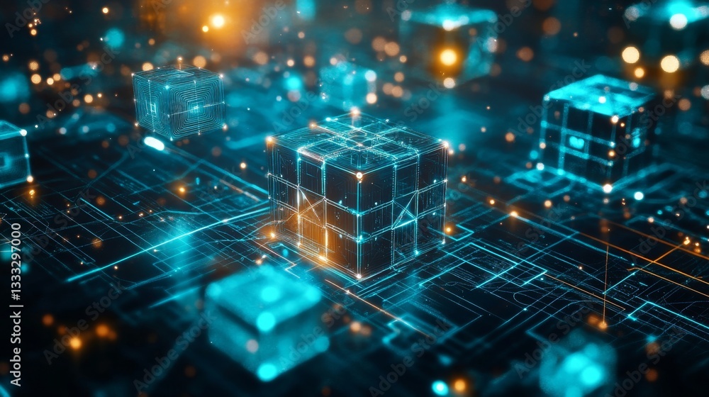 Exploring a virtual cyberspace with holographic cubes digital realm interactive experience futuristic environment immersive concept