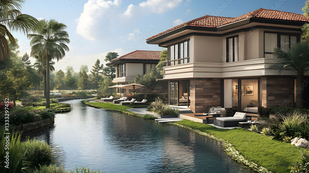 Obraz premium Luxury Waterfront Villas 3D Render