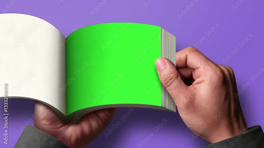 Hand Holding Flipbook for Greenscreen Template with Pastel Purple Background