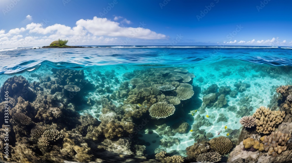 Panoramic View of Vibrant Coral Reef and Tropical Island Paradise Panoramic View of Vibrant Coral Reef and Tropical Island Paradise
