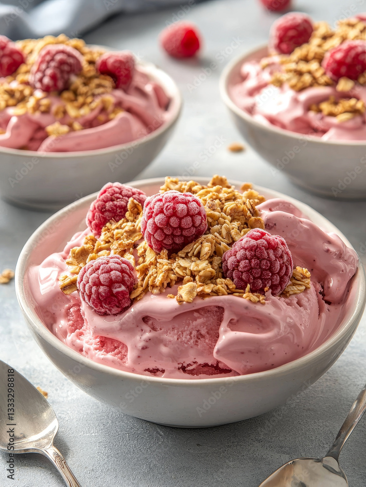 Raspberry ice cream bowls, topped with granola and fresh raspberries Raspberry ice cream bowls, topped with granola and fresh raspberries