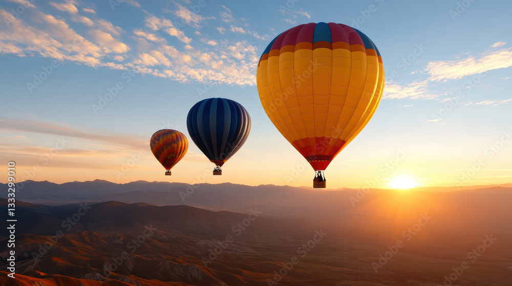 Obraz premium Hot air balloons soaring at sunrise over mountains, creating serene atmosphere