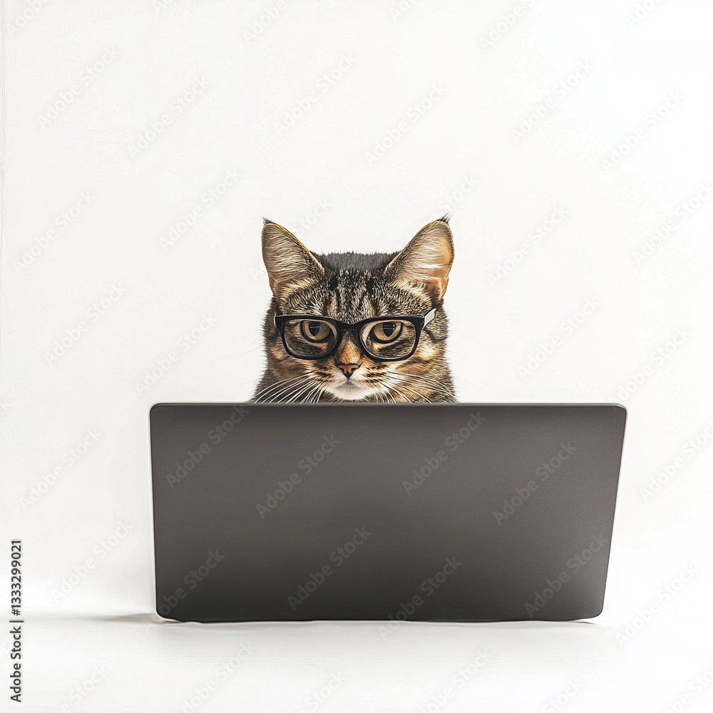 Cat wearing glasses using laptop on white background Cat wearing glasses using laptop on white background