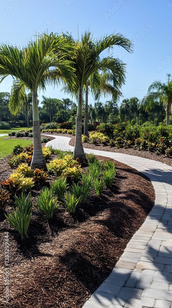 Fototapeta premium Serene Palm Tree Lined Pathway Landscaping Design