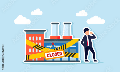 A businessman stands beside a factory sealed with barricade tape and a sign labeled CLOSED, illustration of business bankruptcy leading to factory seizure