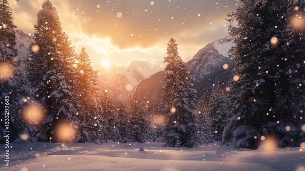 Naklejka premium Majestic winter landscape of Yosemite National Park with snow-capped mountains, golden hour lighting, and misty clouds among trees
