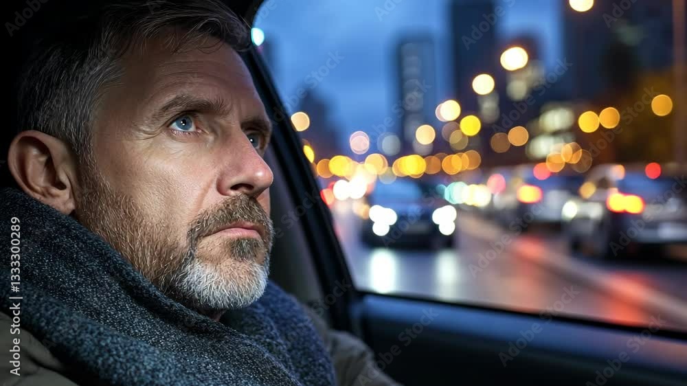Man contemplatively gazing out of a car window during evening traffic in a city setting Man contemplatively gazing out of a car window during evening traffic in a city setting