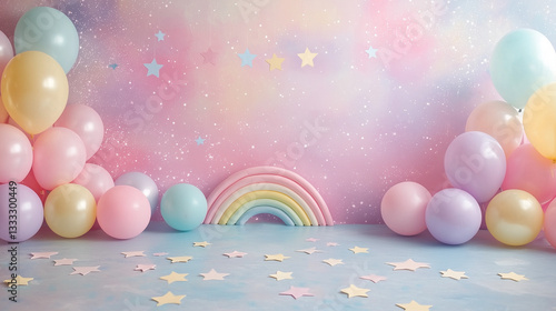 A pastel rainbow and balloons create a magical birthday backdrop perfect for newborn baby girl photoshoots or whical first birthday celebrations with pastel stars scattered