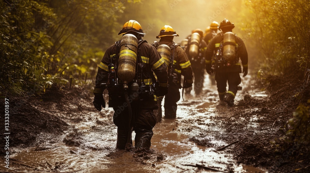 Firefighters trudge through mud, heavy gear on their backs, forest around. Use for themes of bravery, hard work, rescue efforts, or nature disasters. Firefighters trudge through mud, heavy gear on their backs, forest around. Use for themes of bravery, hard work, rescue efforts, or nature disasters.