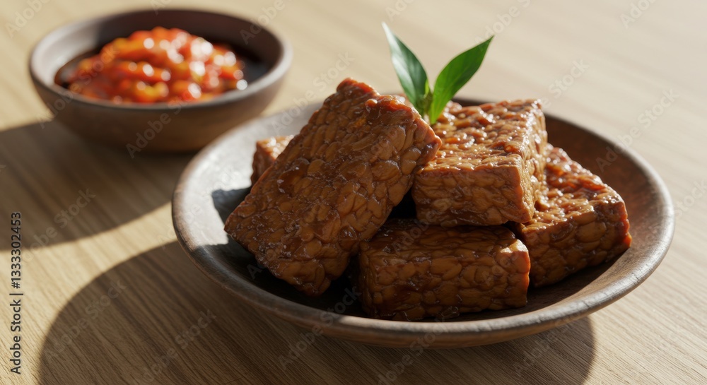 Delicious Indonesian Tempeh Dish: A Culinary Delight of Brown Tempeh Cubes Served with Spicy Sauce Delicious Indonesian Tempeh Dish: A Culinary Delight of Brown Tempeh Cubes Served with Spicy Sauce