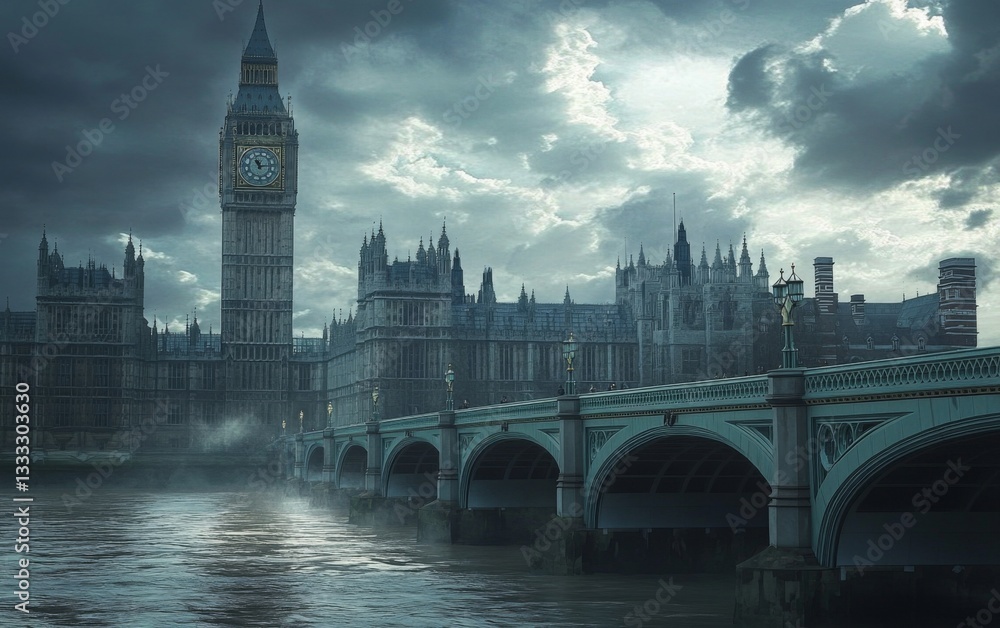 Fototapeta premium Big Ben & the Houses of Parliament — London’s iconic clock tower stands tall under rolling clouds, framed by an ancient stone bridge over the Thames, embodying timeless grandeur.