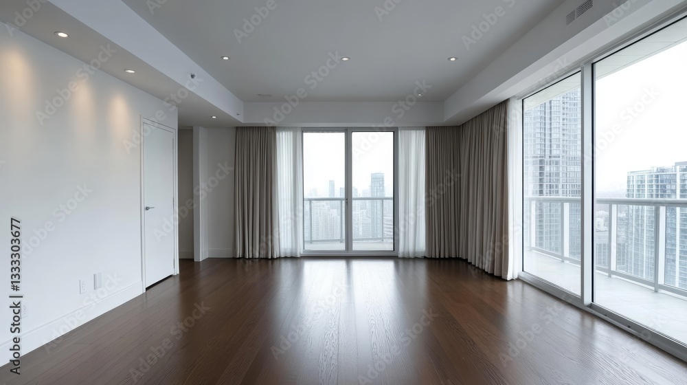 Obraz premium 91.Interior of Empty Living Room with Large Bright Window and Curtains by Closed Door in Modern Apartment with White Walls and Hardwood Floor