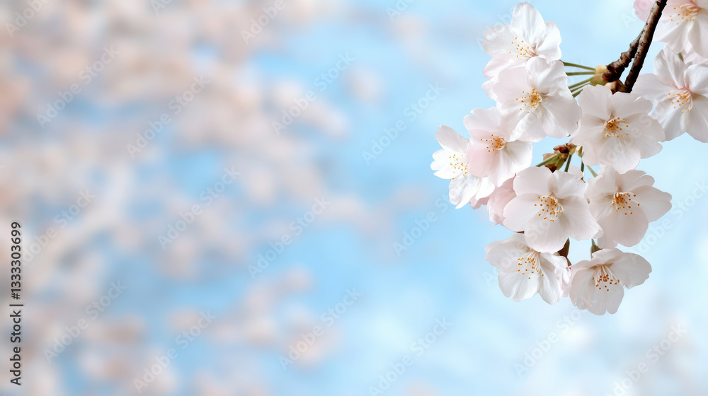Fototapeta premium Delicate cherry blossom flowers in soft pink against blue background