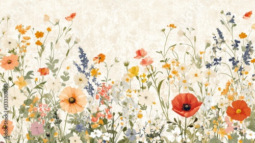 Wallpaper Mural 39.Hand-drawn floral design with a mix of wildflowers including poppies, clovers, and chamomile, scattered delicately across a light, textured background in soft pastel hues. Torontodigital.ca